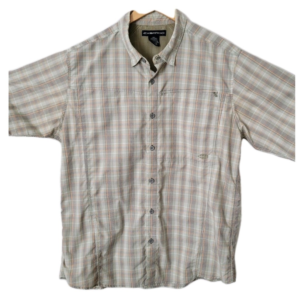 ExOfficio Shirt Mens XXLarge Orange Tan Plaid Nylon Mesh Vented Outdoor Fishing